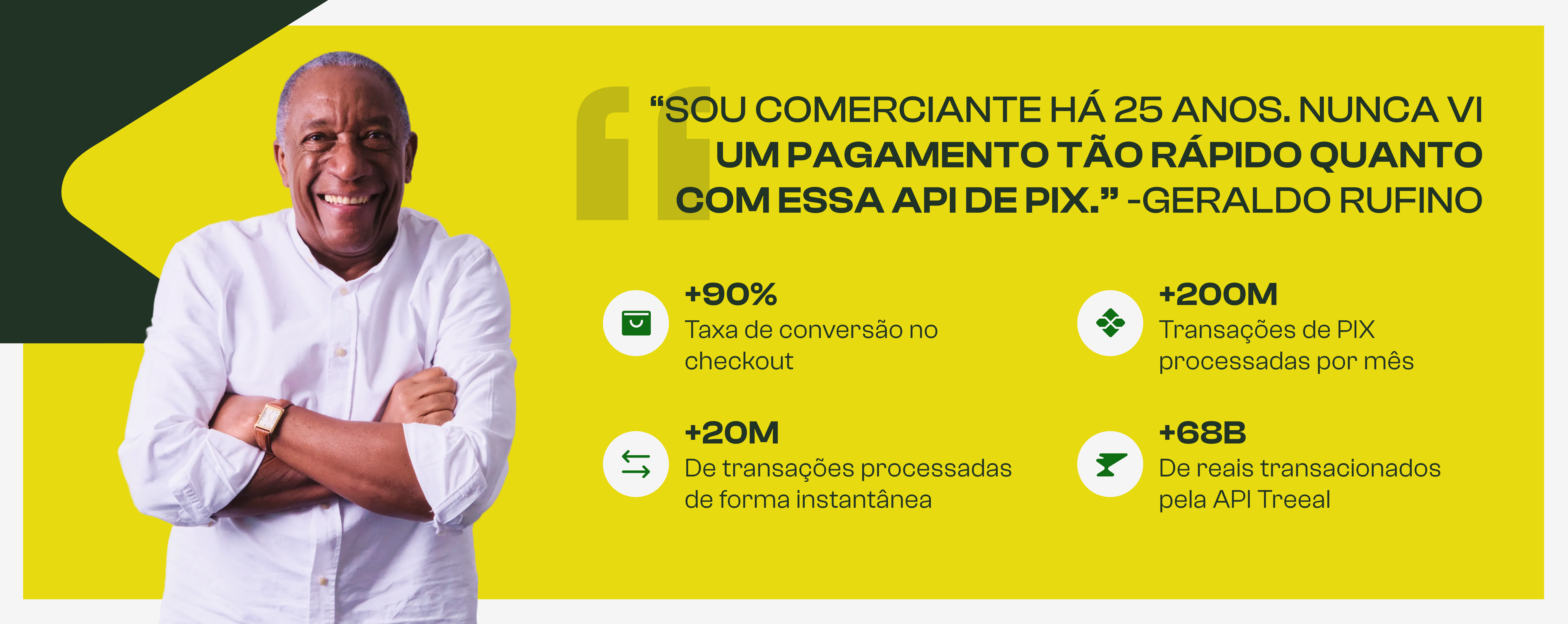 Depoimento de Geraldo Rufino sobre a API de Pix da Treeal, com métricas de +90% taxa de conversão, +200M transações de Pix por mês, +20M transações instantâneas e +68B de reais transacionados